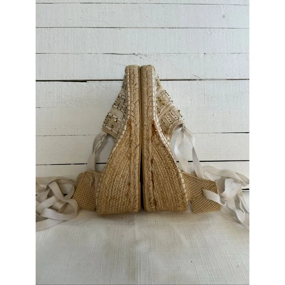 Impo Malibu Espadrille Wedge Sandals Women’s 8M Beige Lace Up Beaded Sequin